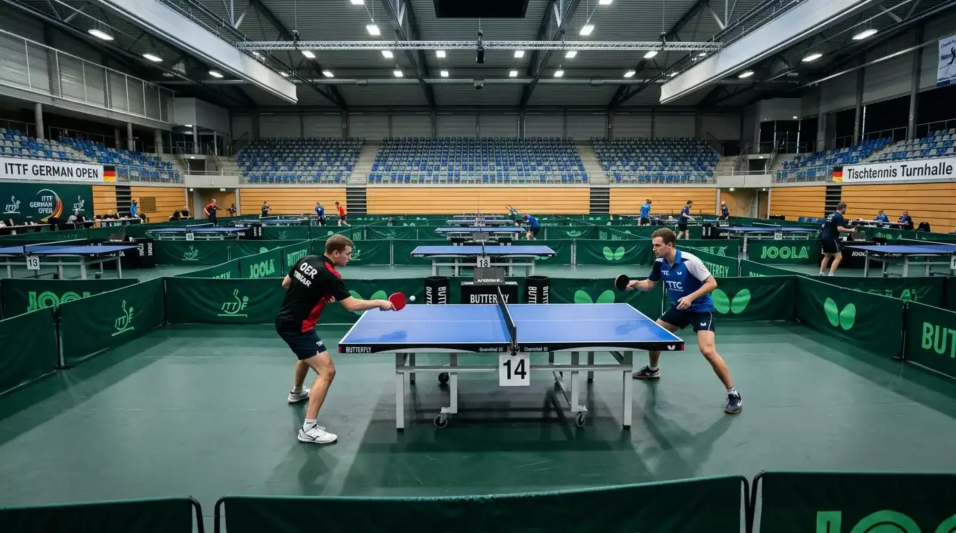 Tischtennishalle mit Wettkampftischen während eines internationalen Turniers